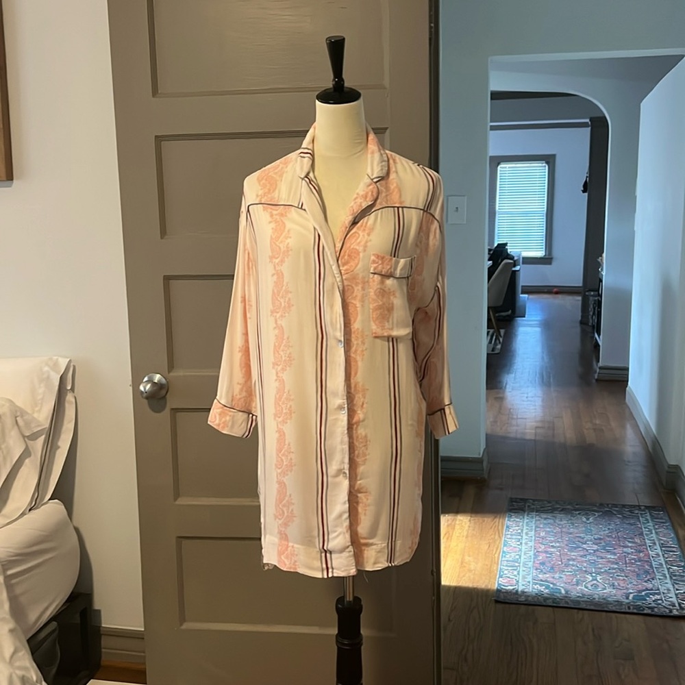 Free People Coral and Cream Striped Pajama Shirt